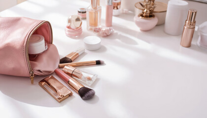 Pink gold leather makeup pouch open on a white vanity. Beauty essentials like brushes, lipstick, and cream spilling out. Luxurious cosmetic accessories for personal care and travel.