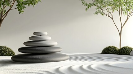 Stacking Zen Stones on Sand Garden with Trees for Meditation