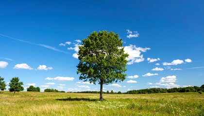 Obraz premium Single tree in a field under a vibrant blue sky