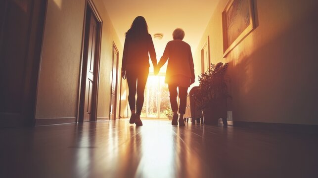 Young caregiver walking with elderly woman hand-in-hand in hallway