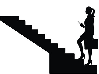 Silhouette of a businesswoman climbing the stairs of success with a briefcase