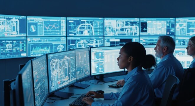 Control room with multiple digital screens monitoring realtime factory production data.