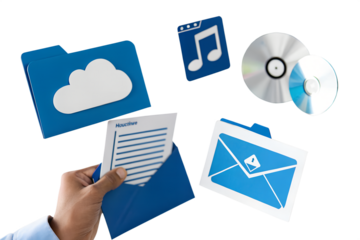 A hand holding a document in an envelope, surrounded by icons representing digital data like cloud storage, email, music, and optical media.