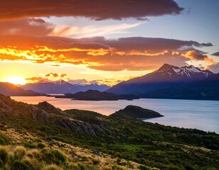 Dramatic sunset over lake and mountains