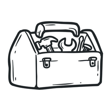 recommend clip art: Hand-drawn toolbox with hammer, wrench, and nails. Vector illustration
