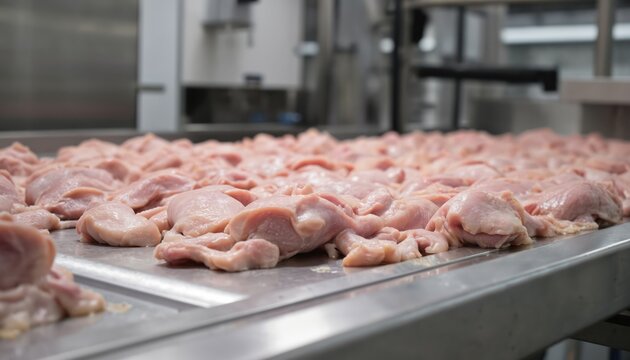 Close-up on conveyor belt with raw chicken meat pieces in modern processing facility. Automated food production line ensures efficient poultry manufacturing and quality control for supply chain.