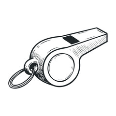 Black and white sketch of a sports whistle with ring for referees and coaches. Vector illustration