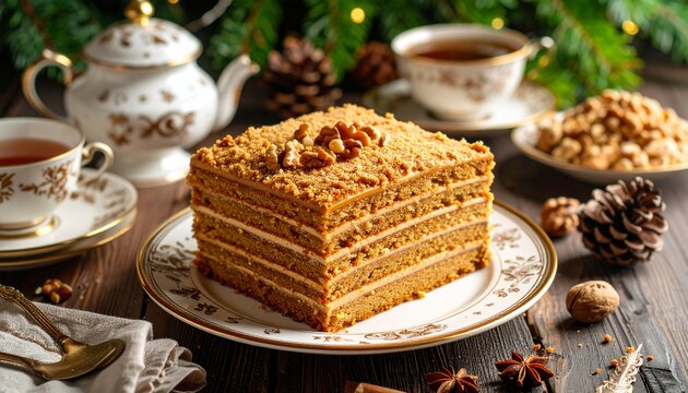 Russian Medovik Honey Cake with Cream Layers. Eastern European Food