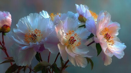 A bouquet of white flowers with yellow centers. The flowers are arranged in a vase and are surrounded by green leaves. Scene is serene and peaceful, as the flowers are a symbol of beauty
