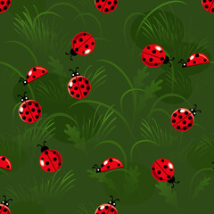Elegant dark green background with realistic ladybugs. Sophisticated nature pattern for wallpaper and textile design