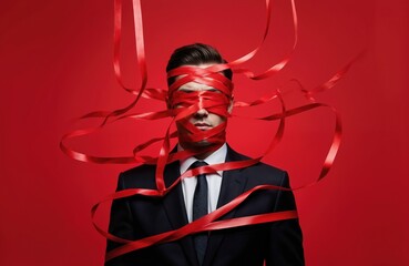 Fototapeta premium Businessman in suit entangled in red tape symbolizes financial bureaucracy and regulatory obstacles. Red ribbons blindfold man, representing challenges in business, finance, and administration.