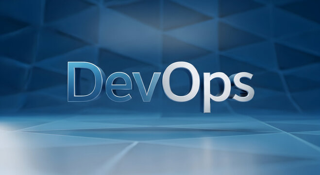 Modern metallic letters forming the word DevOps are displayed within an abstract blue technological environment.
