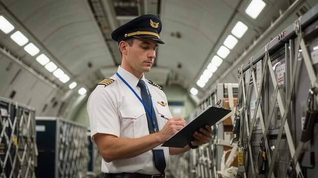 Professional cargo pilot documents flight information in cockpit logbook before making direct eye contact with camera