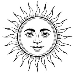 Vintage Sun Face Line Art Illustration Tattoo Design 