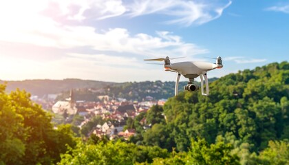 Drone flying over a city and hills