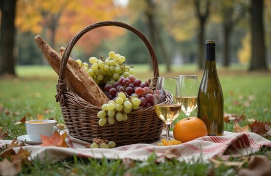Autumn picnic basket filled with grapes, baguettes, two glasses of white wine, bottle of wine set on blanket in park. Colorful fall leaves, trees create cozy atmosphere for outdoor dining, relaxation.