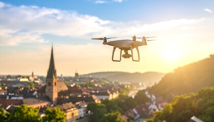 Drone flying over European city at sunset