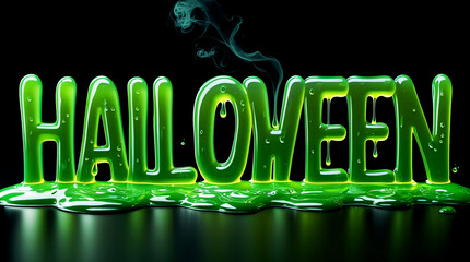 Glossy green Halloween text dripping slime on black background with smoke effect, spooky horror design
