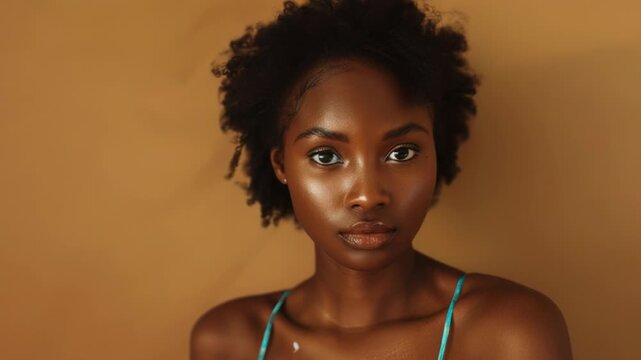 A woman poses for a photo wearing a blue bra top, ideal for use as a model reference or fashion illustration