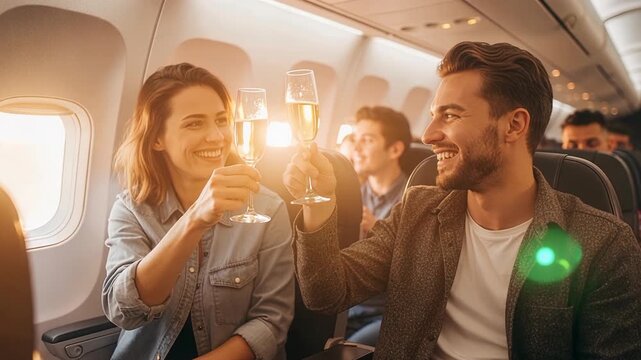 Elegant couple celebrates with champagne toast during airplane takeoff as cabin rocks gently with lens flares dancing through windows