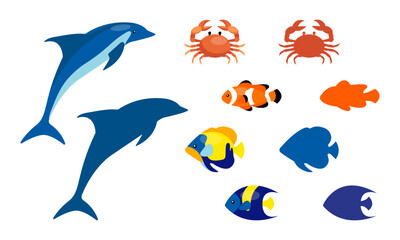 Vector illustration of colorful marine animals including dolphins, fish, and crabs. Bright, playful silhouettes and detailed versions are featured, ideal for children's materials, educational designs