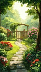Obraz premium Stone path winds through garden bursting with red, pink flowers. Green trees, grass surround rustic wooden gate, fence. Sunlight filters through leaves, illuminating serene, natural spring landscape.