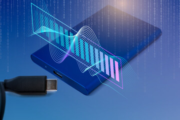 External SSD on surface with floating waveforms and digital patterns. Concept of futuristic data...