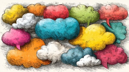 A drawing of many clouds with speech bubbles in different colors. The clouds are scattered all over the image, and the speech bubbles are in various sizes and colors. Scene is playful and whimsical