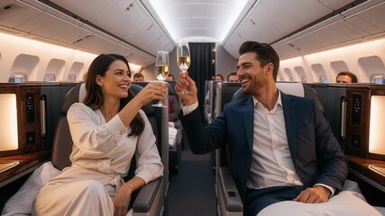 Sophisticated couple toasts success with crystal champagne flutes in luxurious first class airplane cabin during celebratory flight