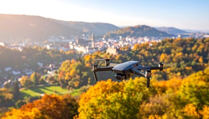 Drone soaring over autumn landscape