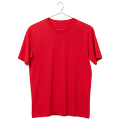 red t shirt on hanger isolated on white background