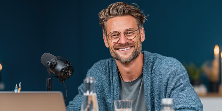 Male Podcast Presenter in Blue Room with Laptop and Microphone on Desk