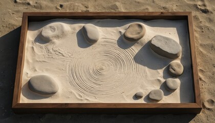 Zen garden with smooth stones and sand patterns in a wooden frame. Tranquil arrangement promotes calm meditation and mindfulness. Natural elements create harmony and balance for relaxation and peace.