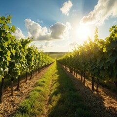 Naklejka premium Sunlit path winds through vibrant green grapevine rows under clear blue sky with fluffy clouds. Agriculture landscape features neat vinery fields stretching towards horizon on beautiful sunny day.