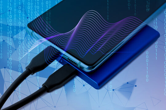 Smartphone connected to SSD with digital grid overlay and flowing data waves. Concept of mobile cloud storage and synchronization. Smart data exchange via external drive and smartphone interface.