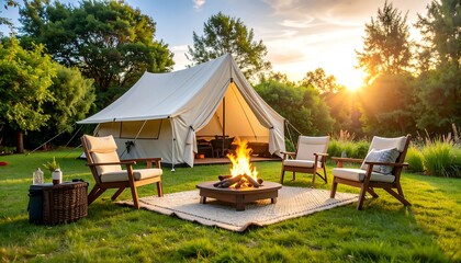 Campsite with fire pit and tent at sunset