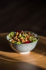 Colorful Vegan Buddha Bowl with Chickpeas, Avocado, Edamame and Fresh Vegetables – Healthy Plant-Based Salad