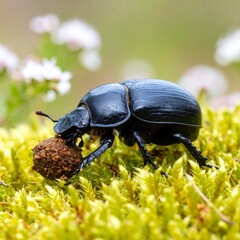 Dung beetle on moss with a ball