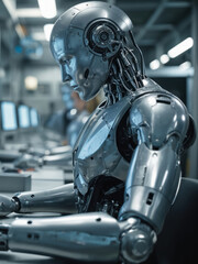 Fototapeta premium Close-up of advanced humanoid robot arm, metal construction. Industrial automation, future tech, manufacturing. Robots working in factory. Computer control systems, cybernetics.