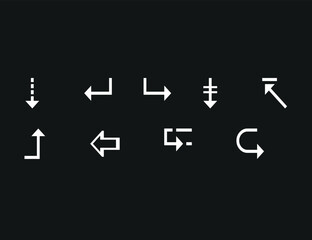 Collection of white arrows in various directions on a black background in a vector format