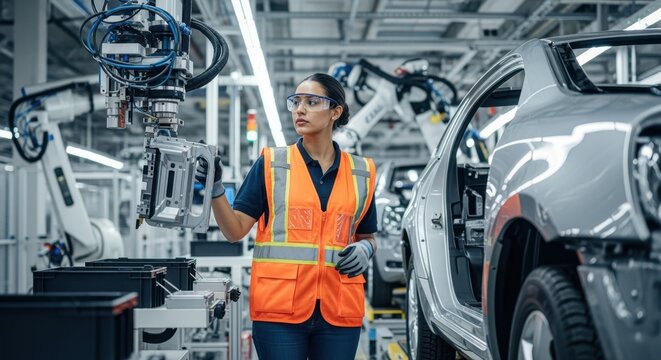 Industrial safety equipment worn by worker in hightech automobile production environment.