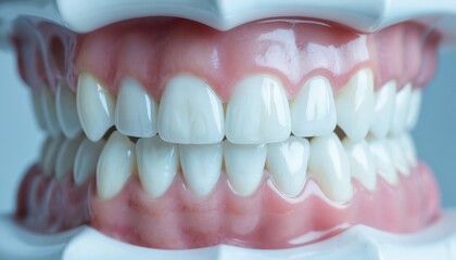 Obraz premium Close-up of perfect smile, healthy teeth and gums. White, clean dental implants showing bright enamel. Realistic dental model for education or dentistry advertisement.