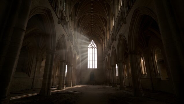 Gothic Church Interior with Dramatic Light Rays from Rose Window - Powered by Adobe