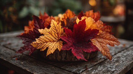 Obraz premium A bowl of autumn leaves sits on a wooden table. The leaves are of various colors, including red, orange, and yellow. The bowl is filled with leaves, creating a beautiful and natural centerpiece