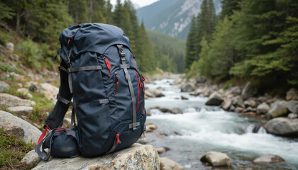 Dark blue backpack positioned on rocky terrain beside a flowing river. Surrounded by rich green forest and mountains. Gear packed for outdoor adventure, hiking, and travel exploration.