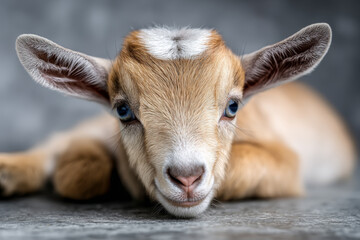 Front view of cute baby goat lying on grey polished floor in house.