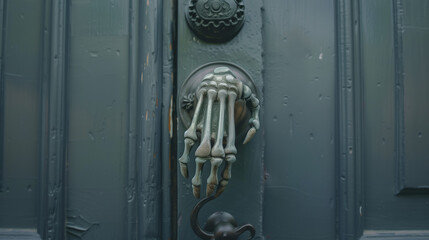 Bronze skeleton hand door knocker on dark green wooden door  