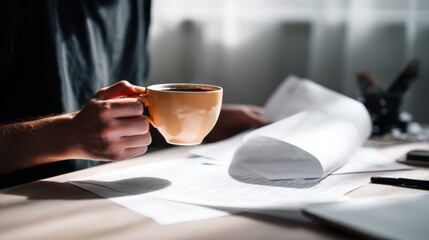 Businessman drinking coffee at a cafe table, hands holding a mug while working on a laptop