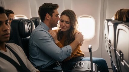 Fear of flying compassionate man tenderly comforting crying woman with gentle care showing emotional support and intimate relationship connection - Powered by Adobe