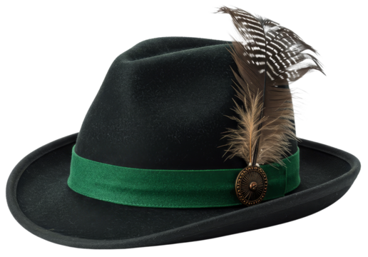 Traditional black hat with green band and feathers on transparent background  